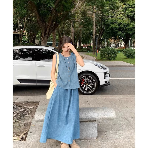 New Summer Sleeveless Ice Silk Denim Blue Vest Skirt Two-piece Set For Women