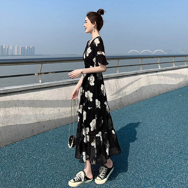 Slimming Flared Sleeves Holiday Floral Dress Women